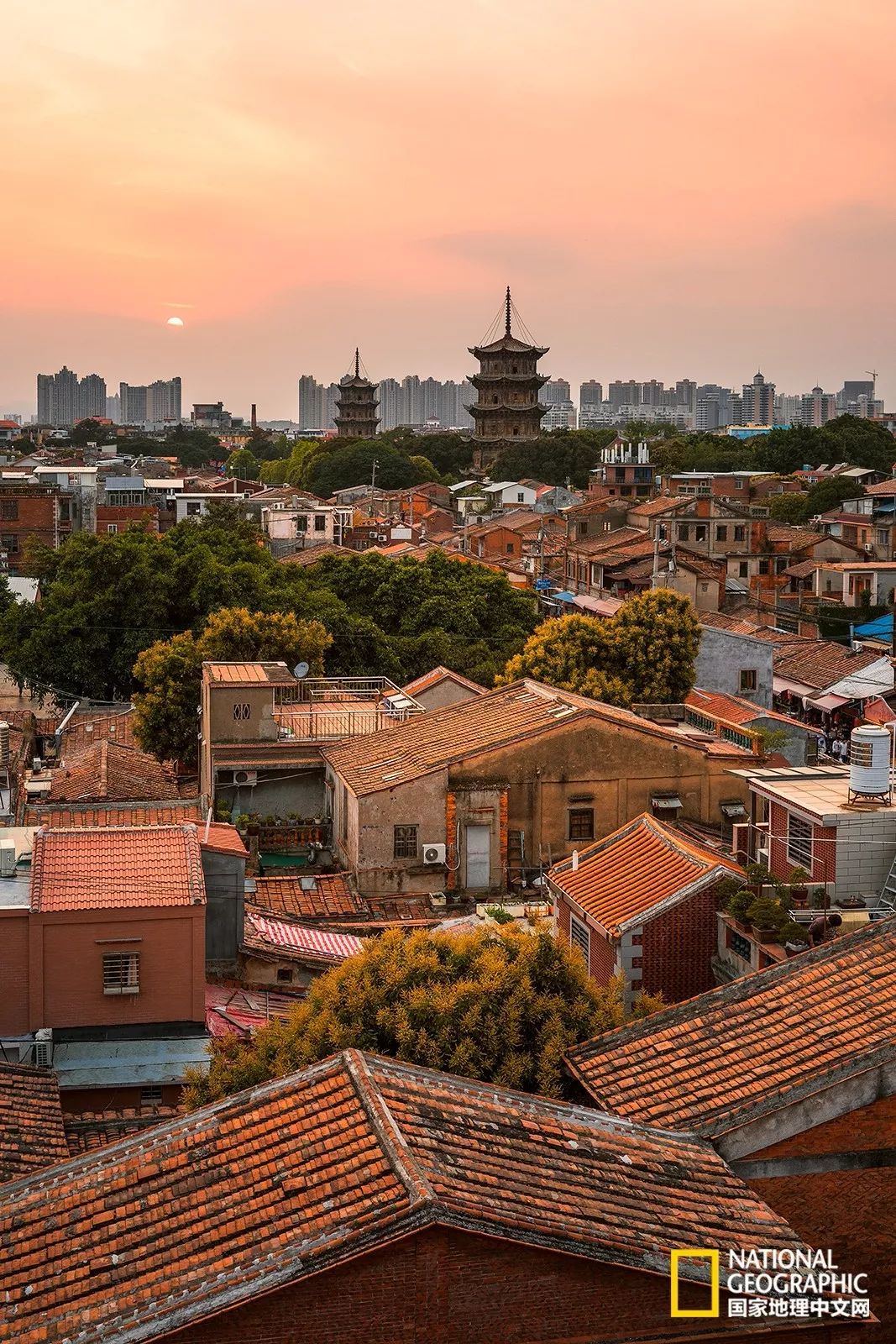 夕阳下,建造于宋代的开元寺双塔是泉州古城的标志性建筑