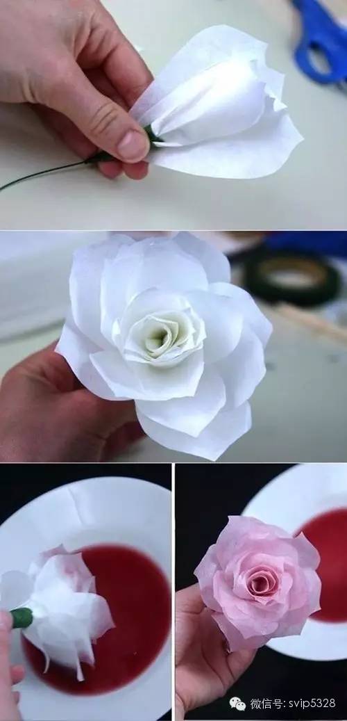 制作上就是剪出一片片的玫瑰花,然后粘贴组合在一起之后晕染.