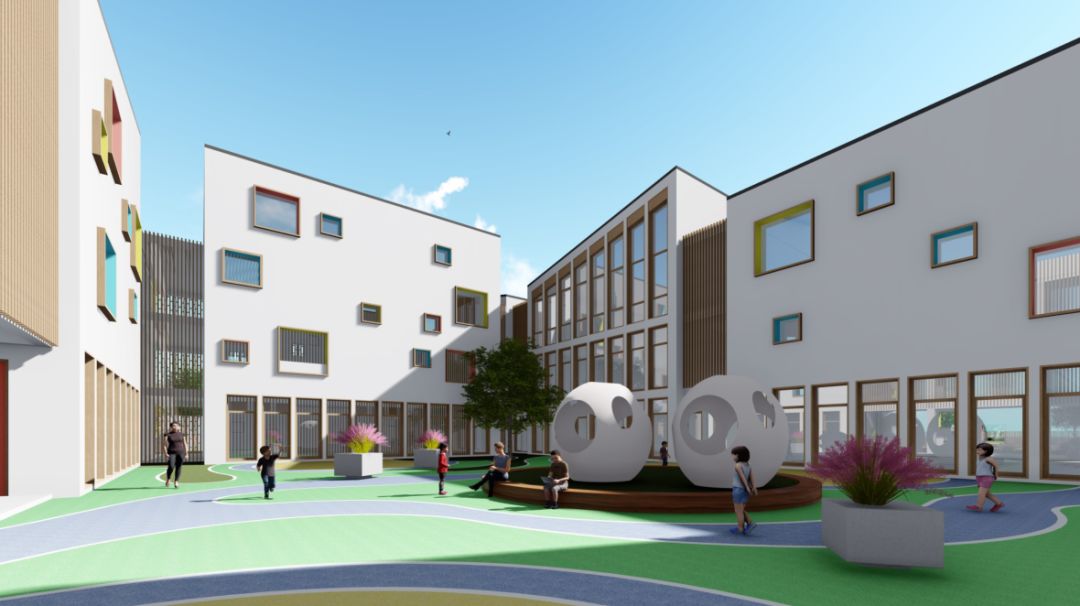 幼儿园立面设计采用水墨江南民居的意向,九个体块组成幼儿园,白墙
