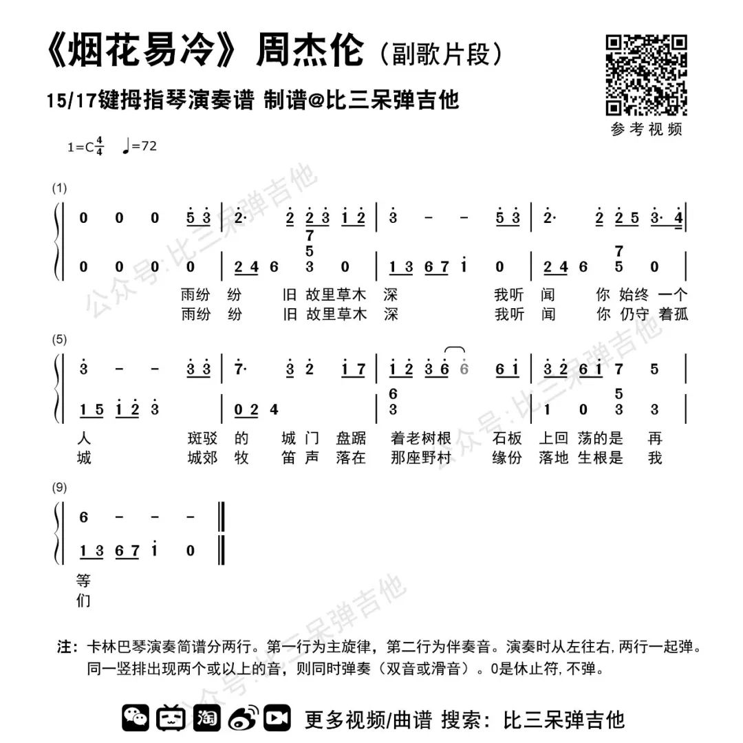 烟花易冷副歌拇指琴简谱专用谱