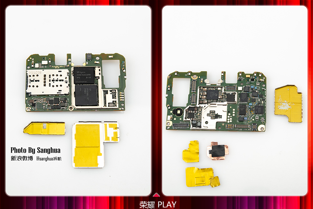 荣耀play对整个主板进行了全面的金属罩覆盖,对于发热较大的区别还