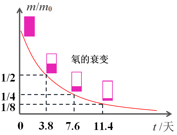 经过 n 个半衰期( t ),其剩余的质量为