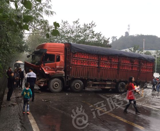 涪丰北路,乌江榨菜门口发生车祸,两辆大货车相撞,一辆货车装满了啤酒