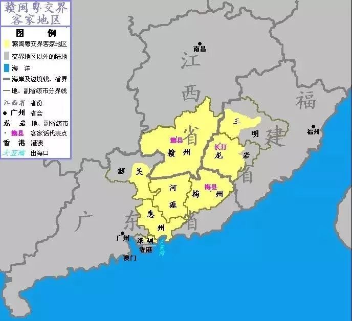 客家人主体地处闽赣粤三省交界的山区,介于赣语,闽语,粤语三大方言