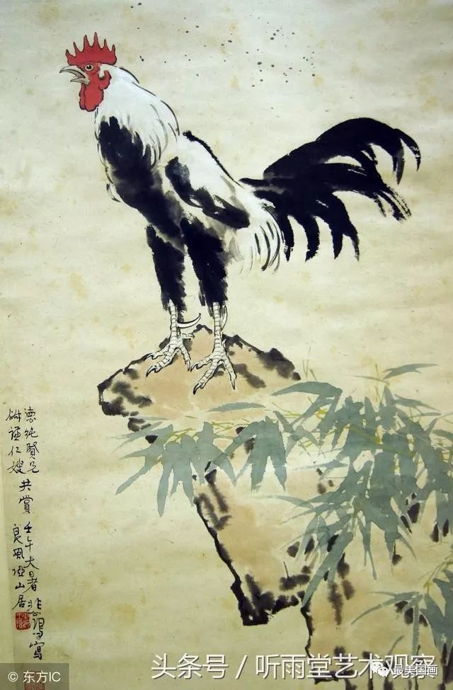 徐悲鸿画鸡作品鉴赏徐悲鸿将笔下的雄鸡比作勇士,表达了中国人民不屈