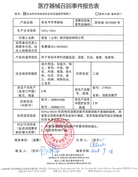 公司对骨关节手术器械(注册证号:国械备20170306)主动召回.召回级