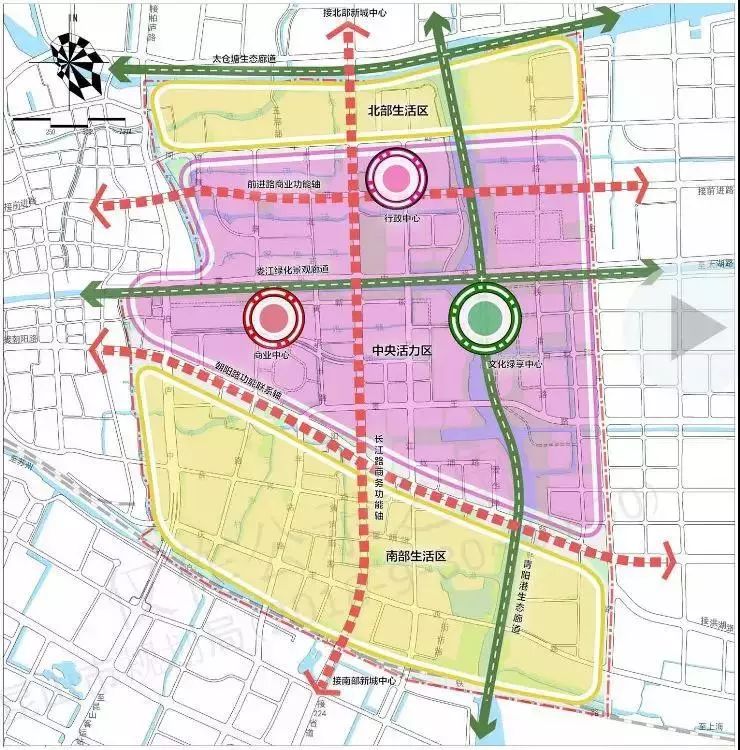 区,朝阳路以南的南部生活区"三廊"指太仓塘生态廊道,青阳港生态廊道