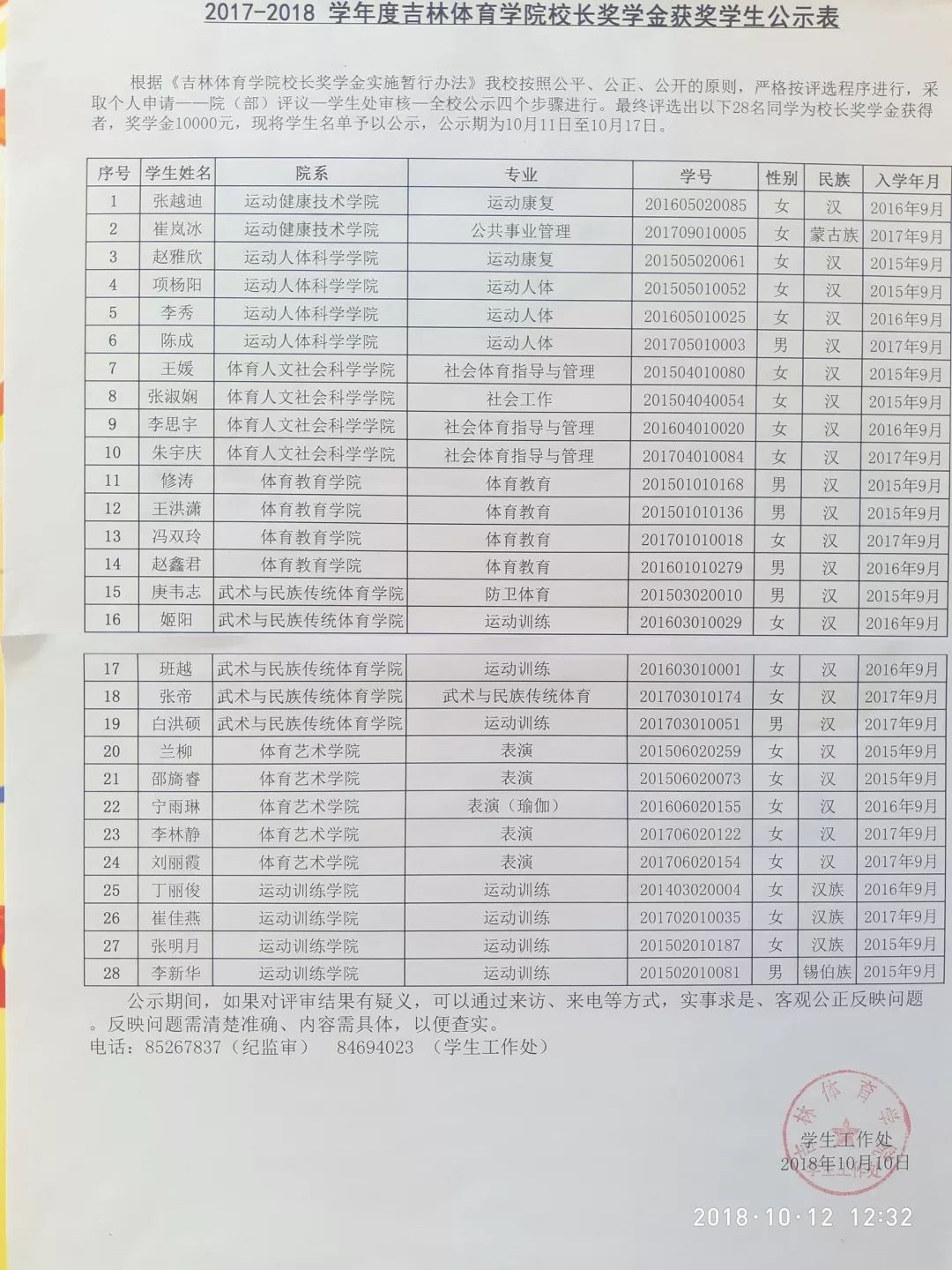 【校长,国家奖学金名单】吉林体育学院2017—2018学年