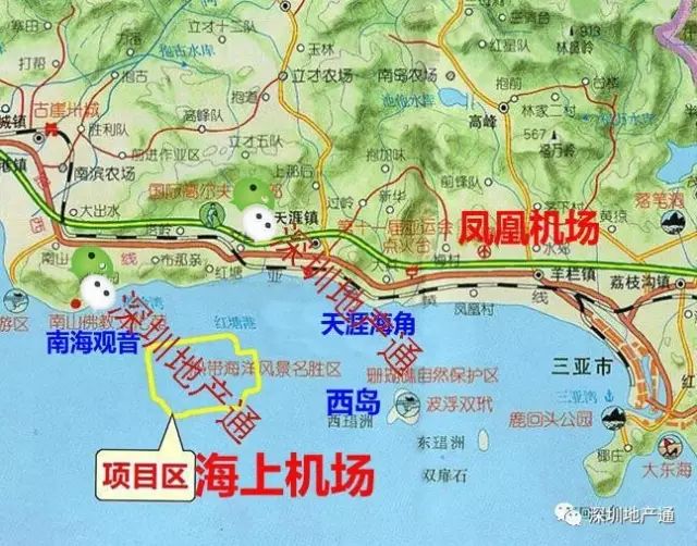 南海观音东南6公里 三亚新机场规划位于三亚红塘湾的南海海面上 地处