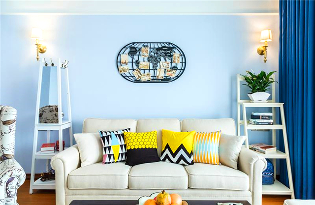 客厅,奶咖色和淡湖蓝色组合的墙面,暖暖的感觉,我想无论是哪种风格做