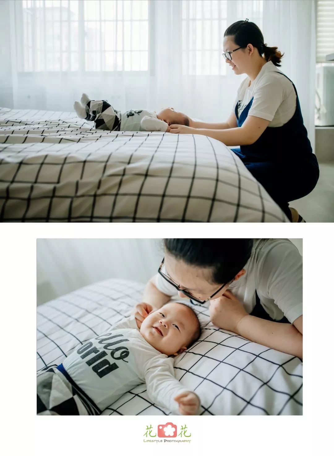 妈妈和宝宝在床上用卷发器化妆照片摄影图片_ID:309085370-Veer图库