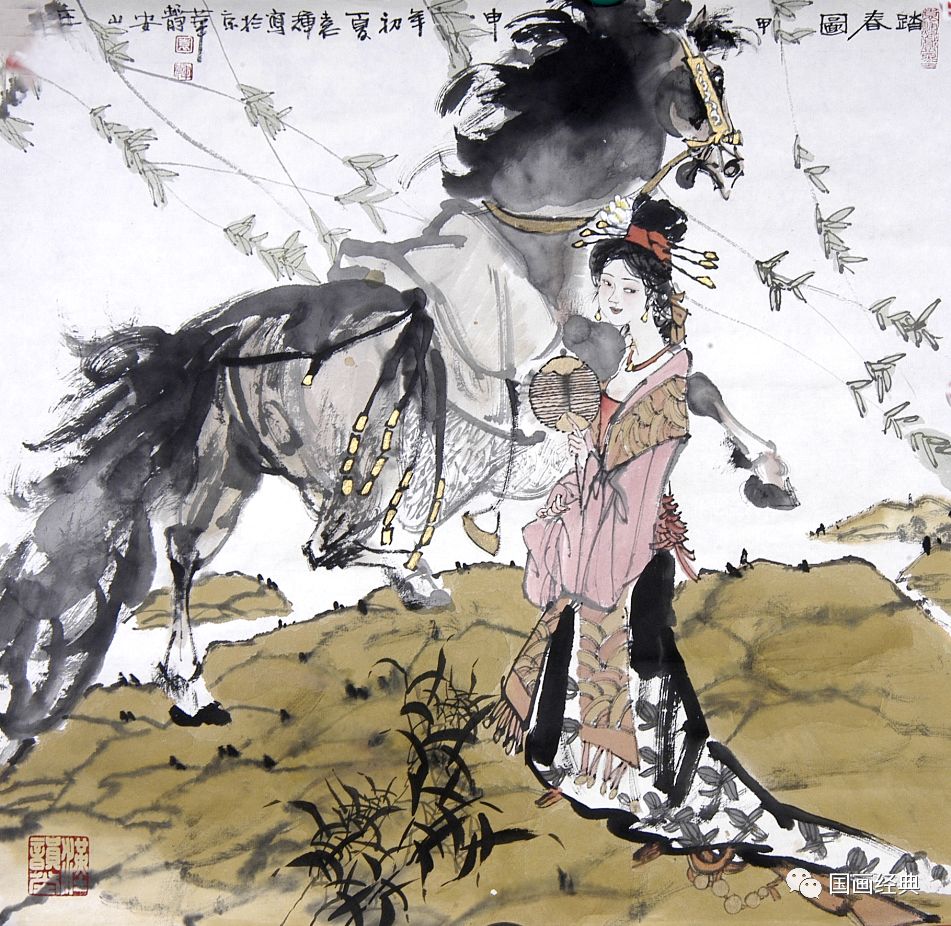 《踏春图》68x68cm 纸本设色 2004年《月亮之上》68×68cm 纸本设色