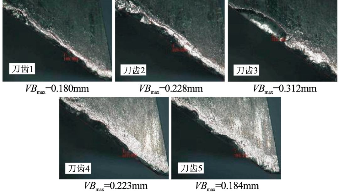端铣,两支刀具分别加工260min,此时刀具各刀齿的后刀面磨损如图12所示
