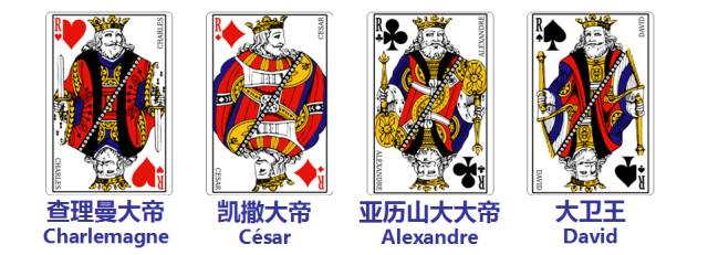 红桃→ le cur k ,q,j,a四个花牌 在法语中:k是"国王"roi,q是"贵族