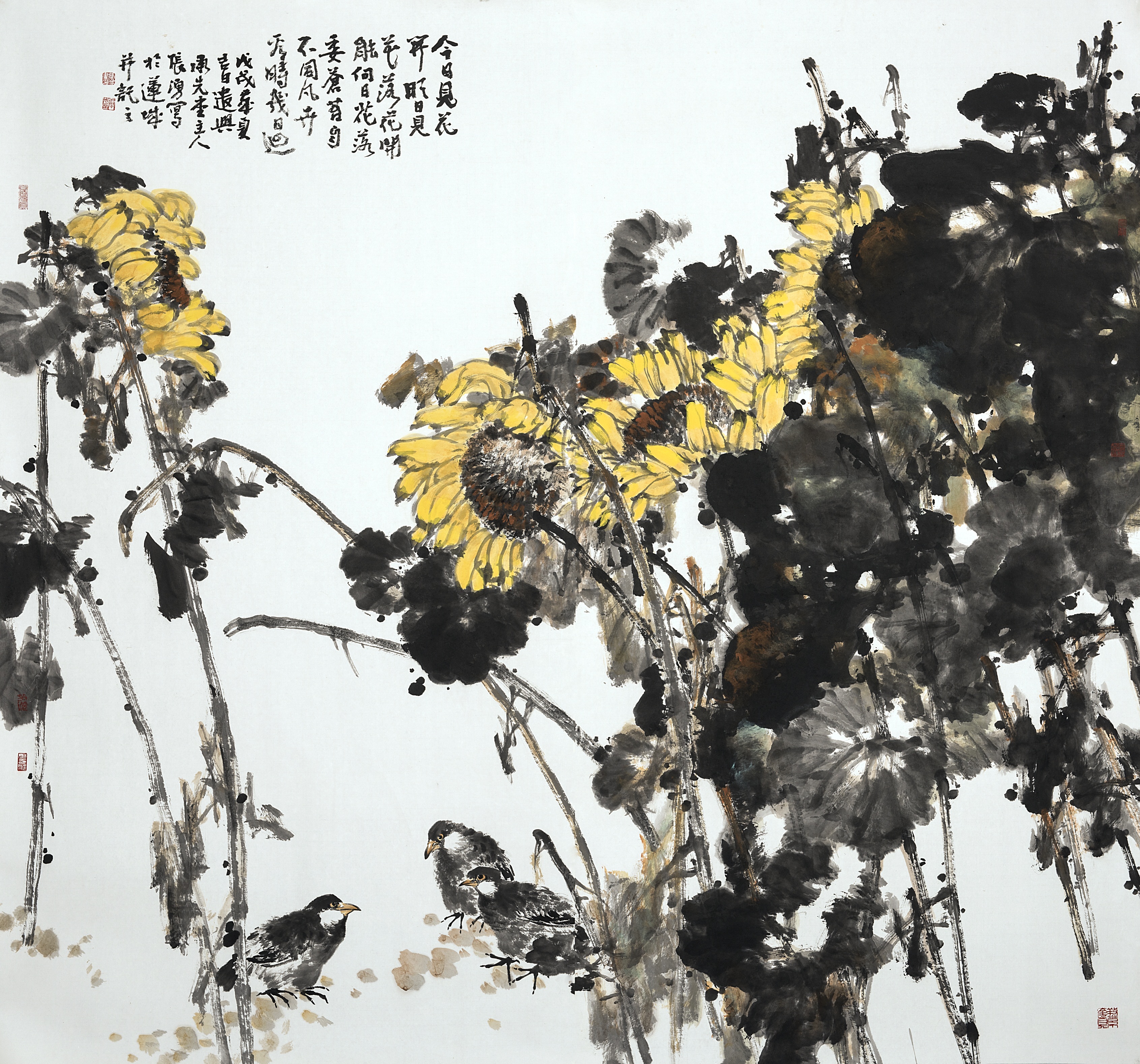 一幅参展写意花鸟画《向日葵》:笔墨浑厚自然,充满着生命的张力