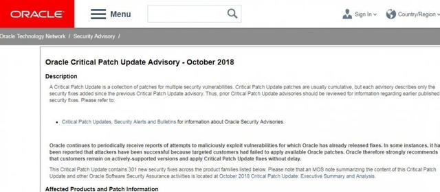 Oracle发布301个安全更新 45个重要级别漏洞 修补