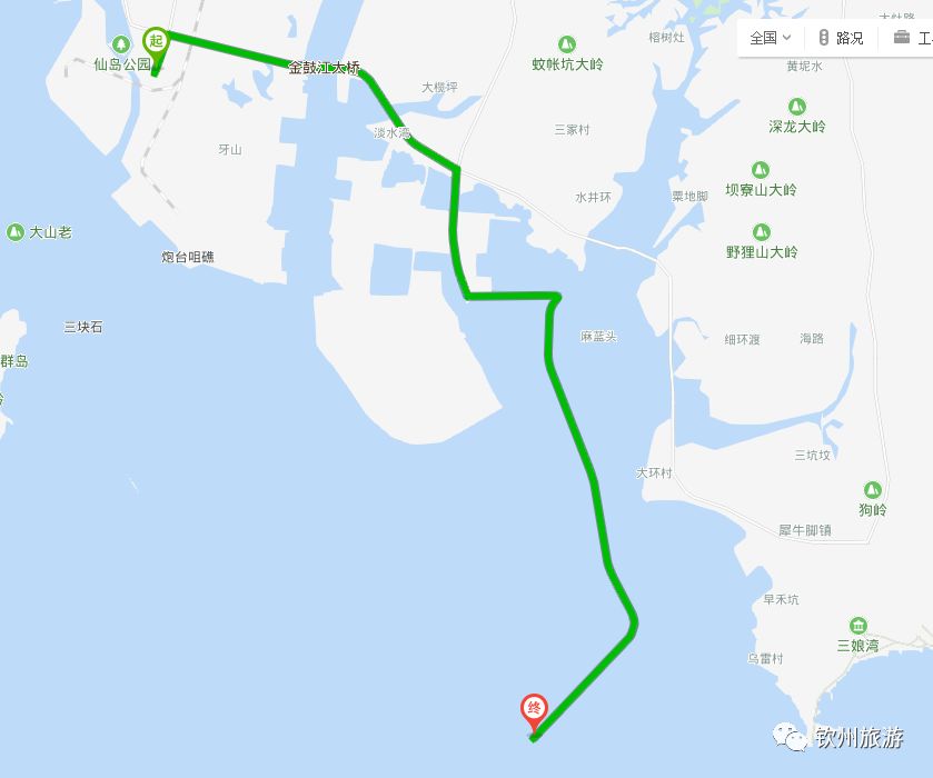 三墩岛,距离钦州市区约为55公里,从钦州港驱车往三娘湾方向25公里就