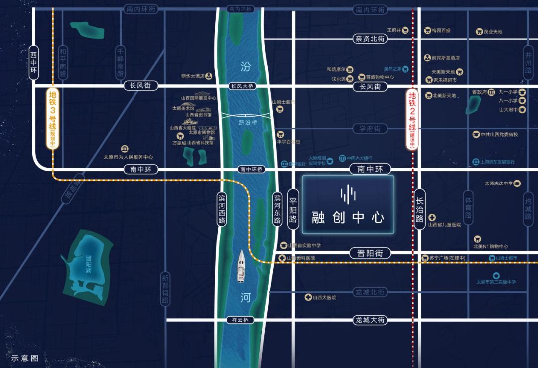 太原融创中心四临城市主干道,地铁2号线(在建中 直线距离约500米,3号