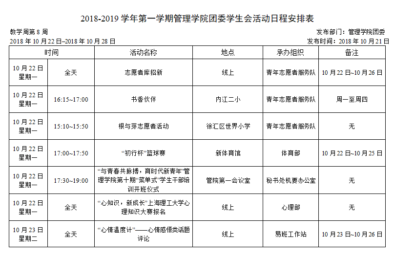 一周安排 18 19学年第一学期第8周管理学院团委学生会活动日程安排表 秘书处