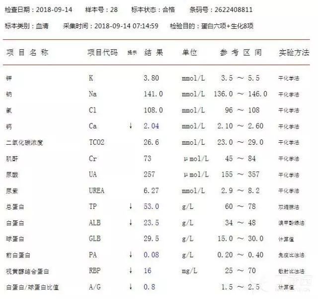 患者血常规,电解质,肾功能等抽血化验结果