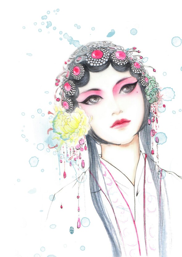 京剧古风手绘插画,花枝招展,楚楚动人的古风美人