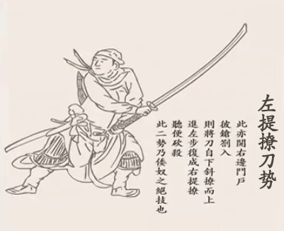 "左提撩刀势"演示"抝步刀势"演示这套功法的特点在于醉剑与戚家刀法