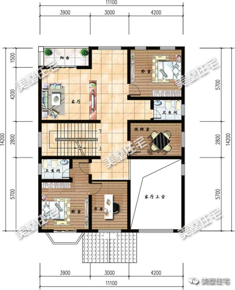 二层户型图:设有客厅,2卧室,书房,室,2卫生间