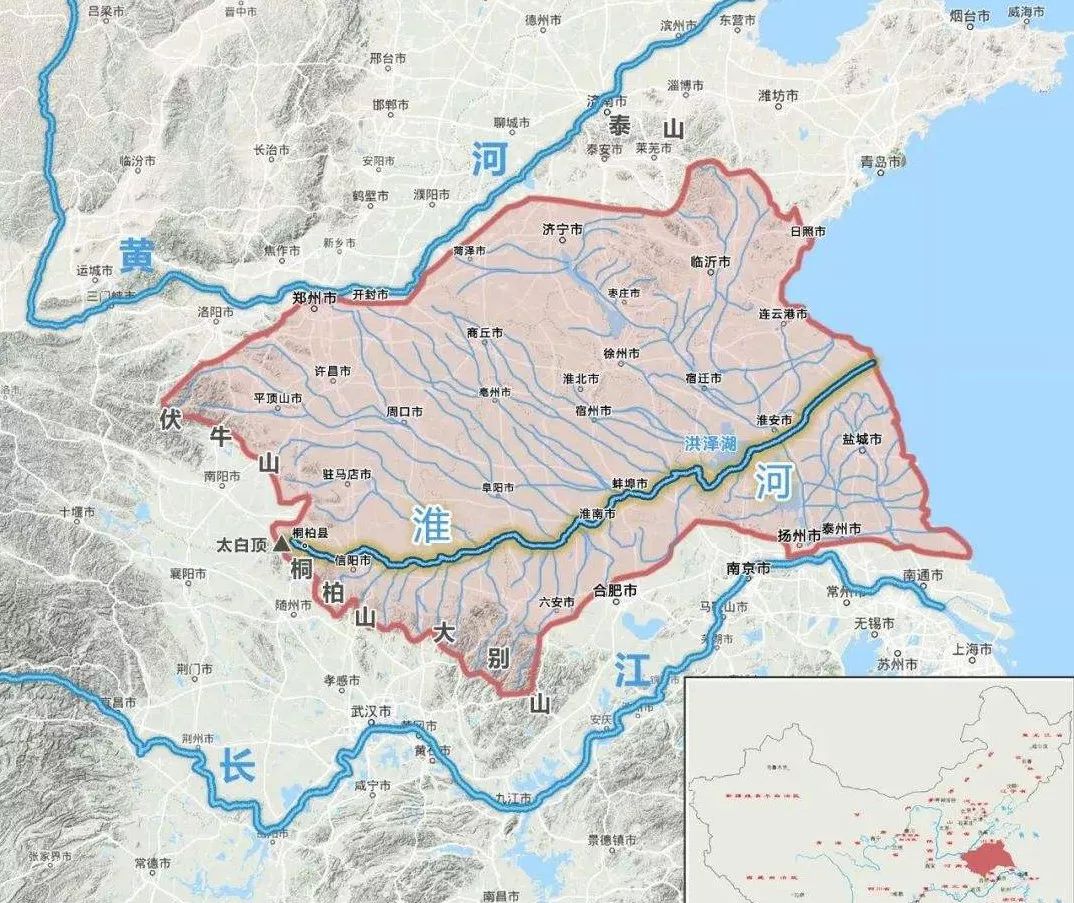 淮河流域位置及水系示意