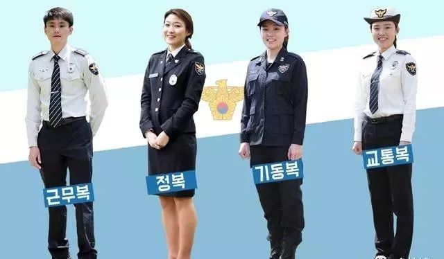 韩国现有警察制服有以下4种,即 勤务服,常服,机动服和交通勤务服.