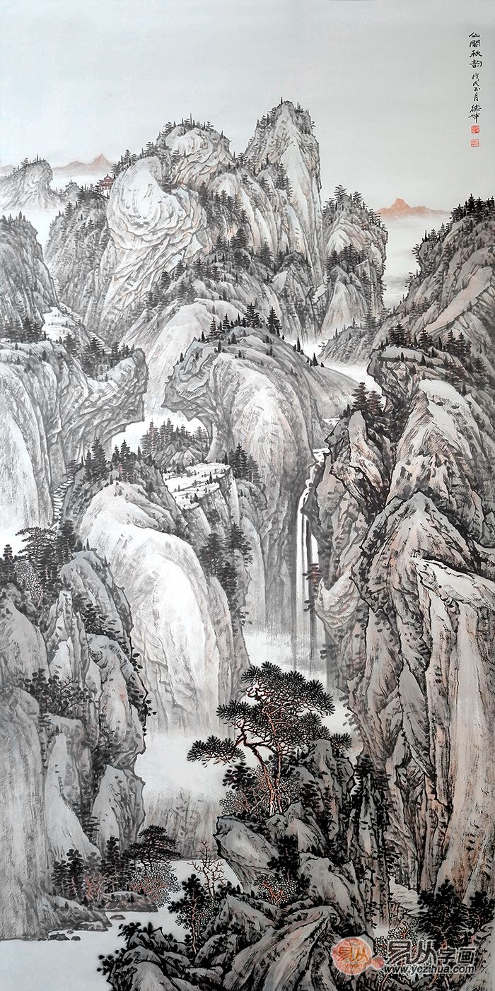 典藏 林德坤六尺竖幅山水画作品《仙阁秋韵》