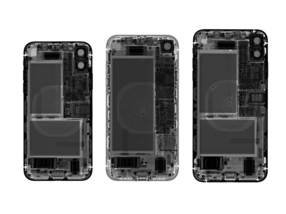 x光下的电池分布结构,从左到右分别是iphone x,xr(低密度铝框架)和xs