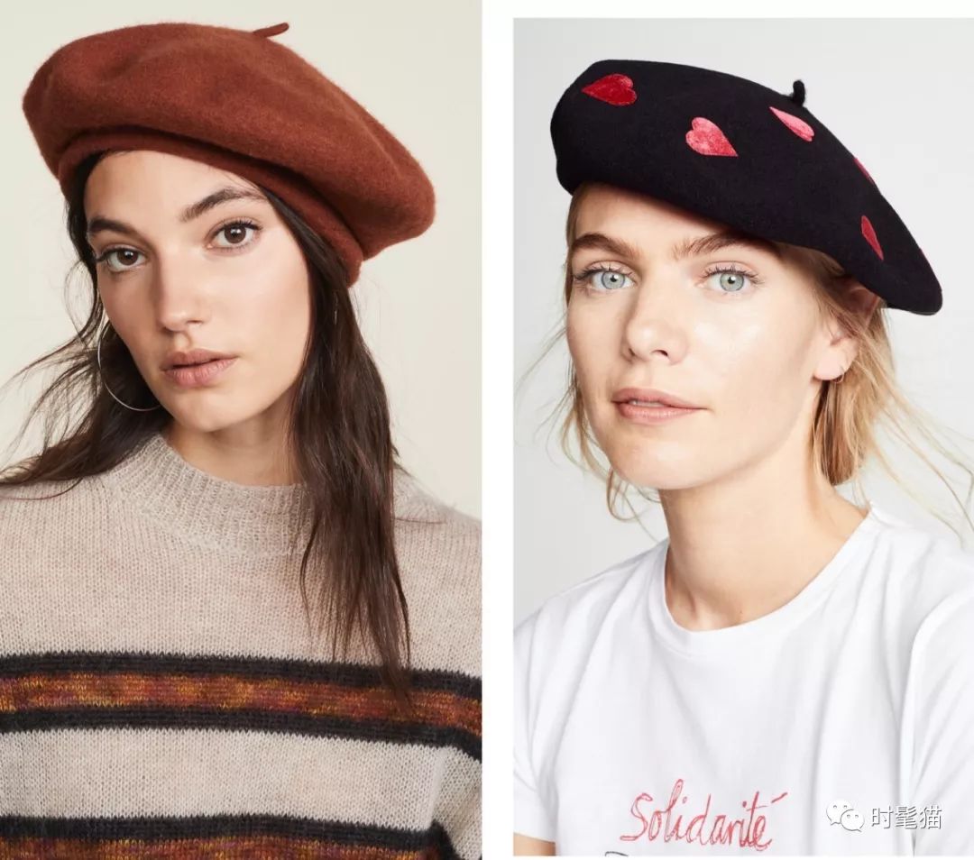 红色或焦糖色的贝雷帽都很适合秋冬戴,一些有图案的更可爱▼