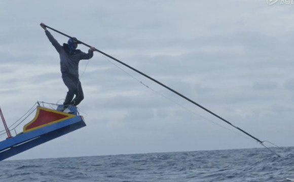 屏息!小伙拿鱼叉海上镖 2 米长旗鱼 过程超惊险