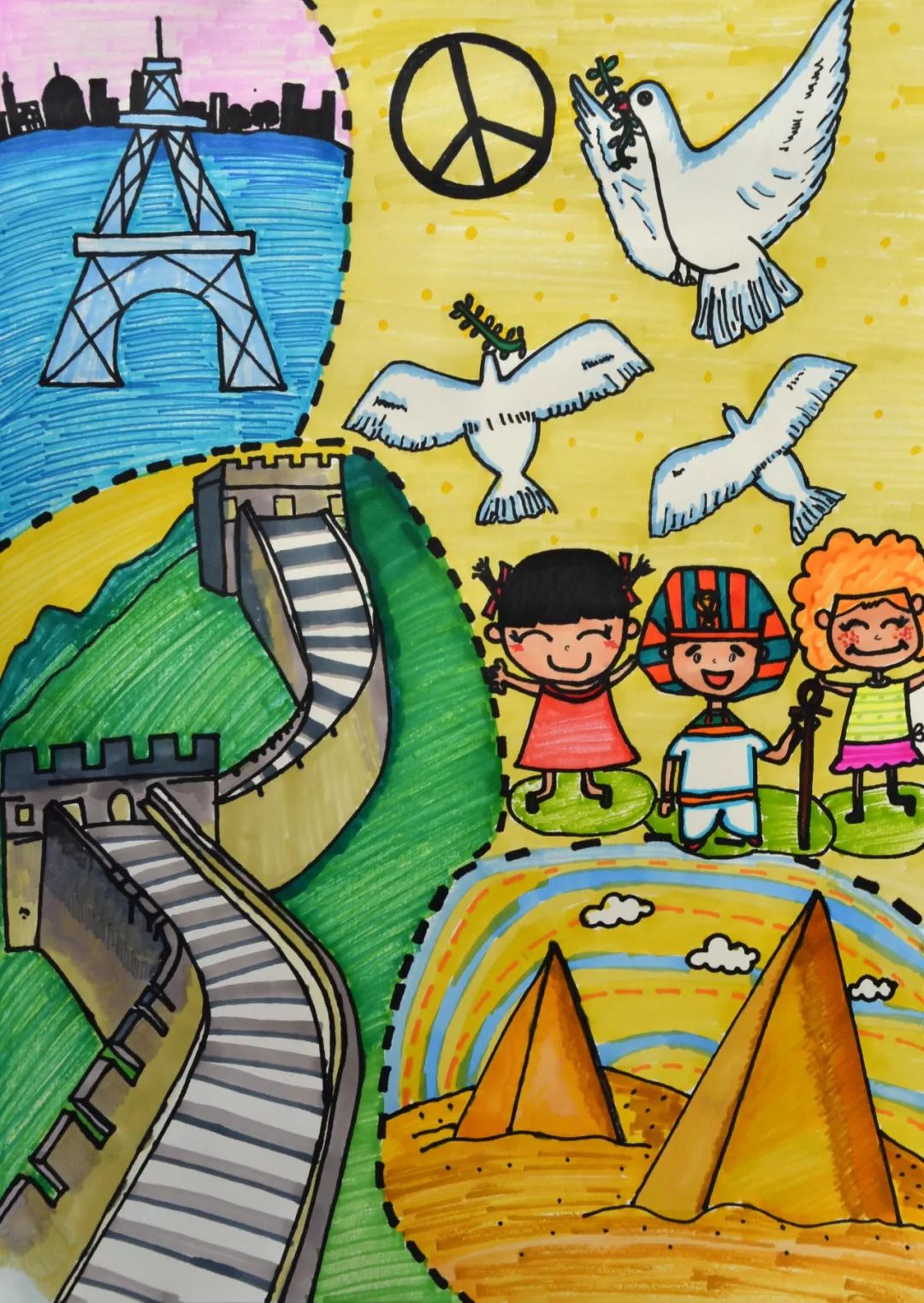 艺术组的美术老师们带着孩子们用图画表达"和平的未来",一幅幅天马行