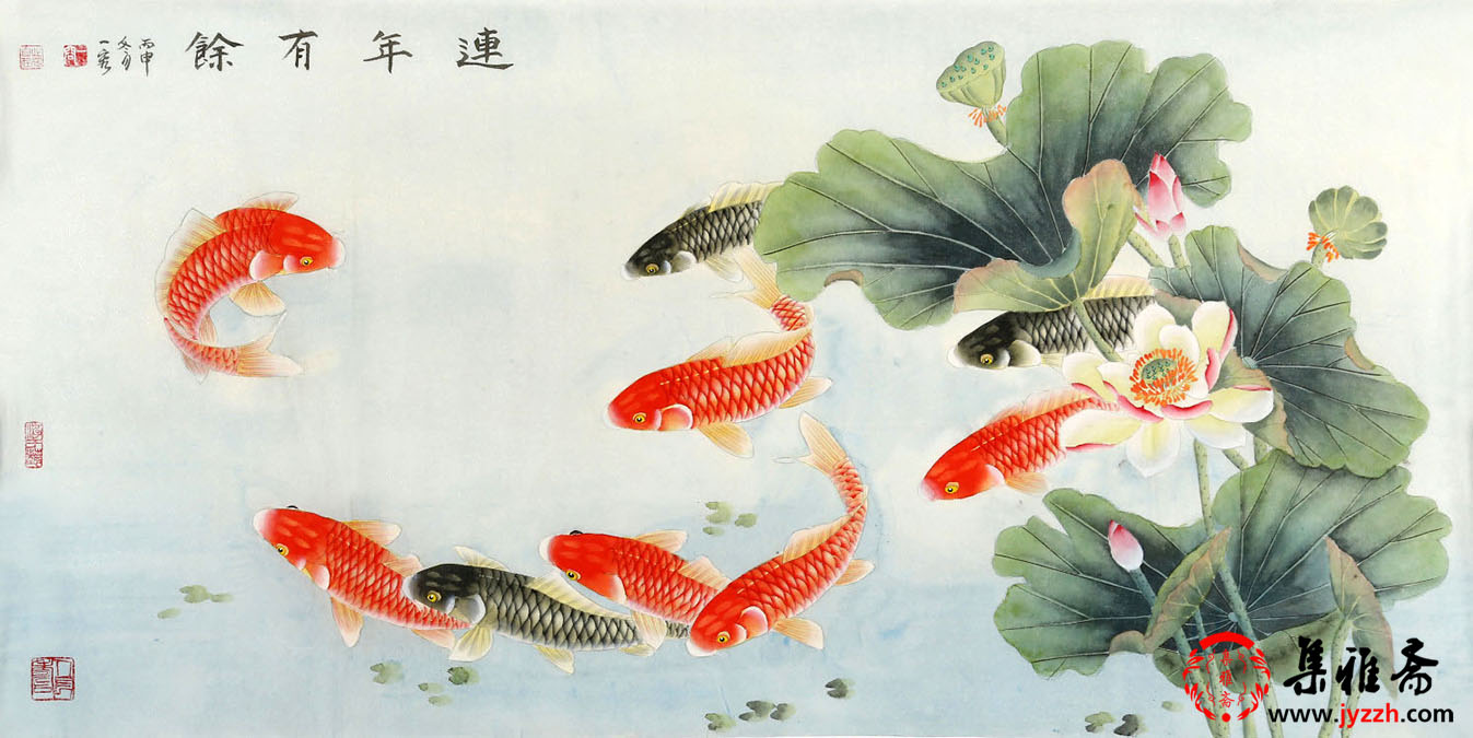 王一容老师用工笔的手法描写的九条可爱的鲤鱼在水中嬉戏,九条鲤鱼各