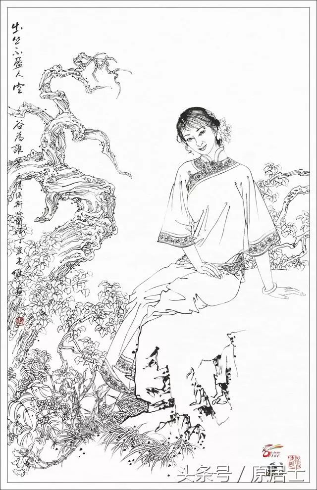 国画工笔白描人物画稿图