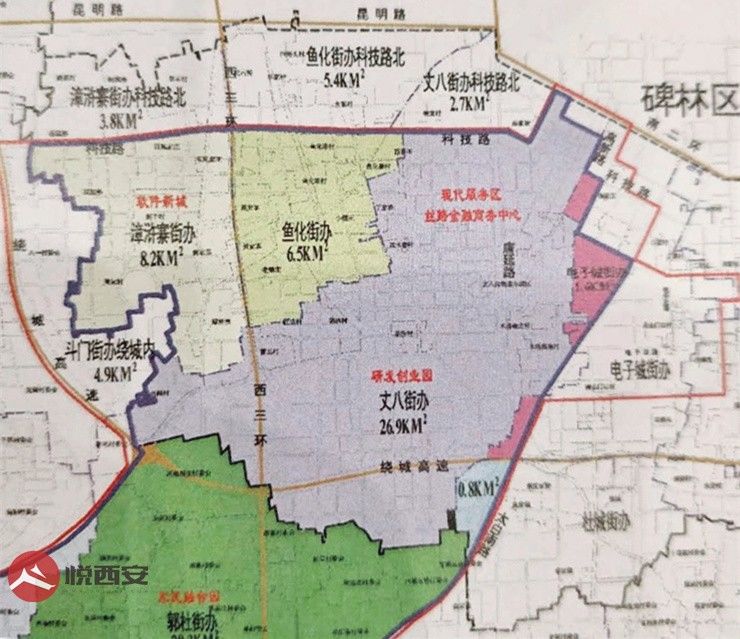 太白南路以西区域,电子城街道的科技路—博文路—科技二路—太白南路