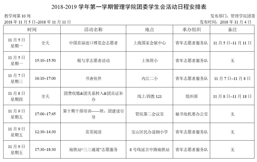 一周安排 18 19学年第一学期第10周管理学院团委学生会活动日程安排表 秘书处