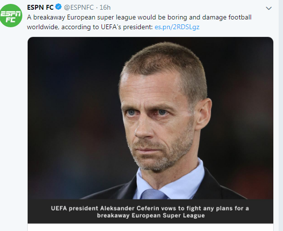 espn消息,欧足联主席切费林表示他将和欧超联赛"抗争",他认为欧超无聊