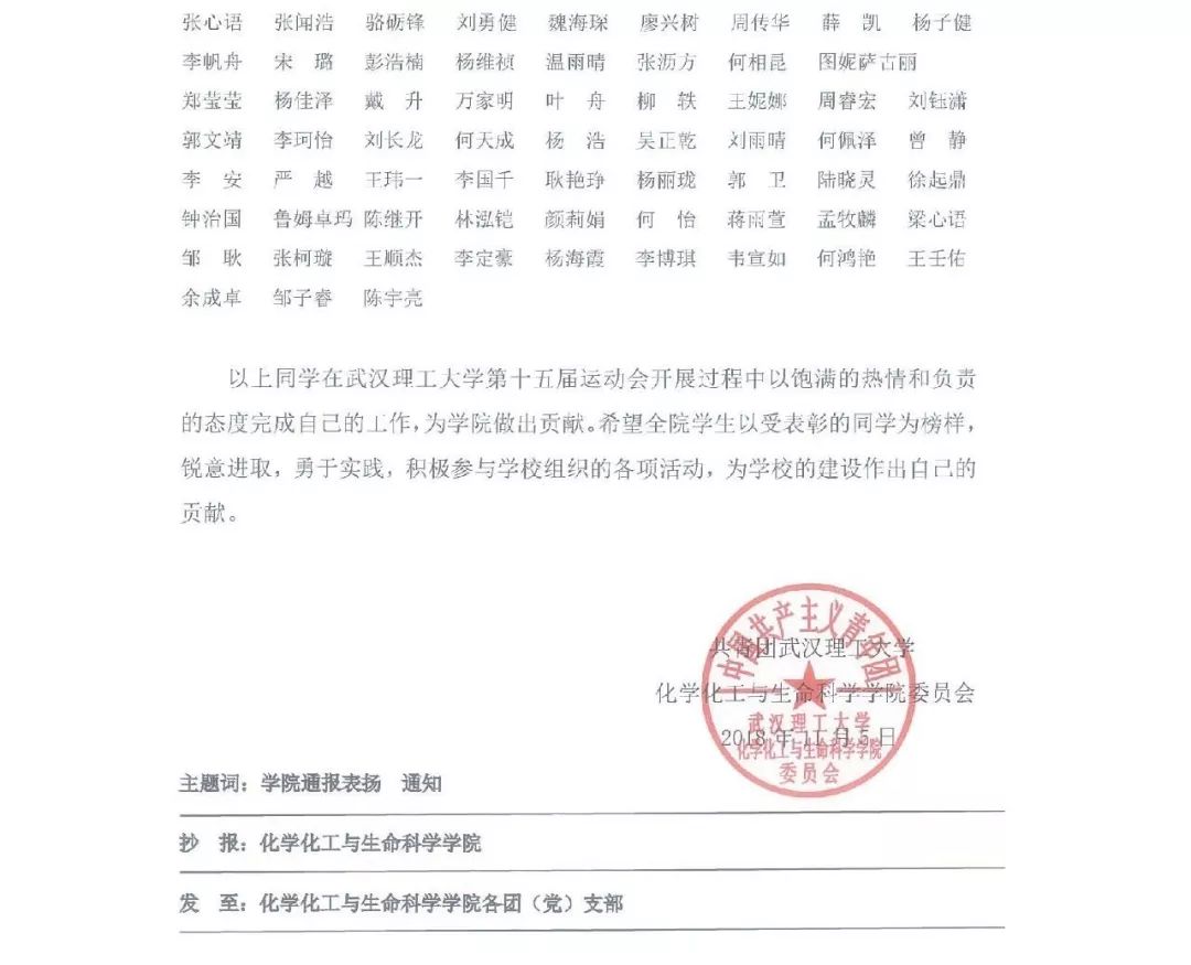 关于表彰化学化工与生命科学学院20182019年度在武汉理工大学第十五届