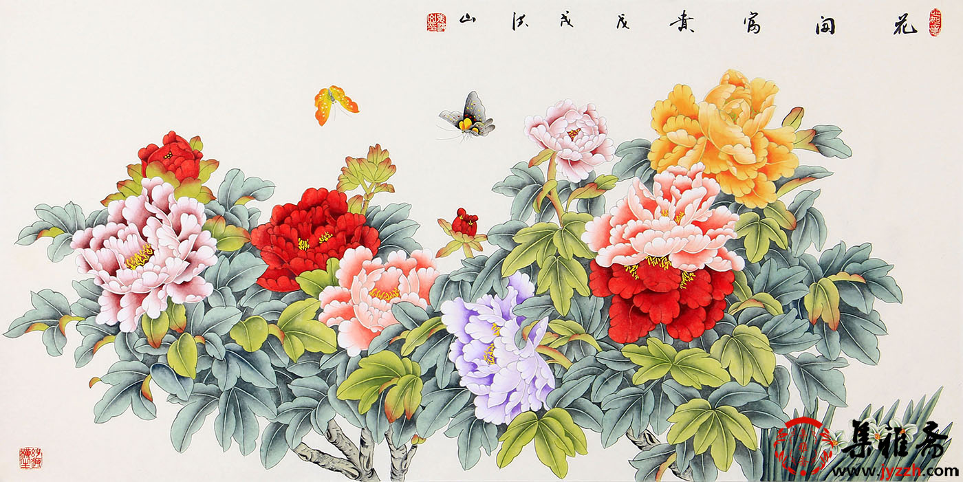 国画牡丹 张洪山四尺横幅花鸟画《花开富贵》