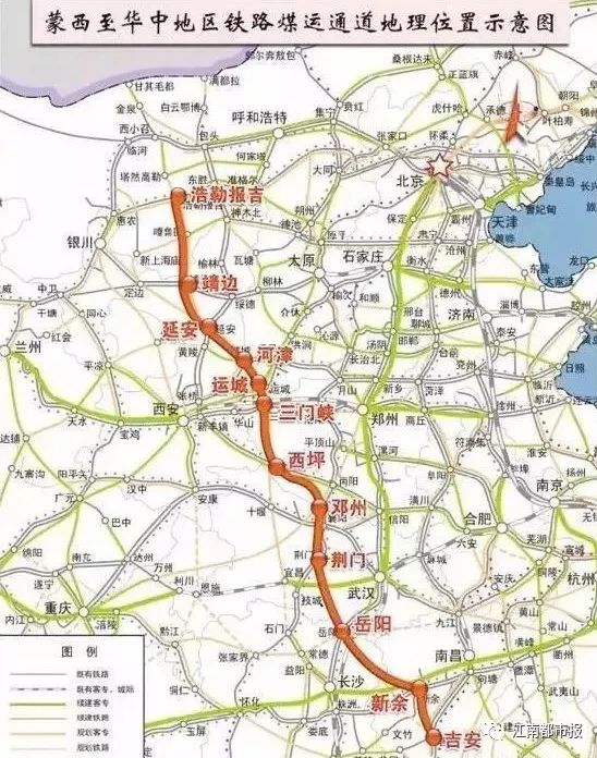 线路自东乌铁路浩勒报吉站引出,途经内蒙古,陕西,山西,河南,湖北