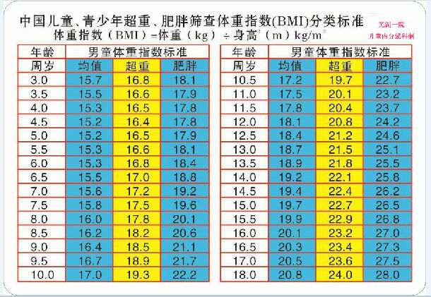 中国儿童超重、肥胖体重指数BMI分类标准(
