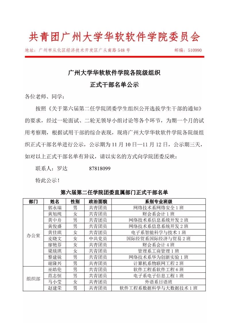 公示广州大学华软软件学院各院级组织正式干部名单