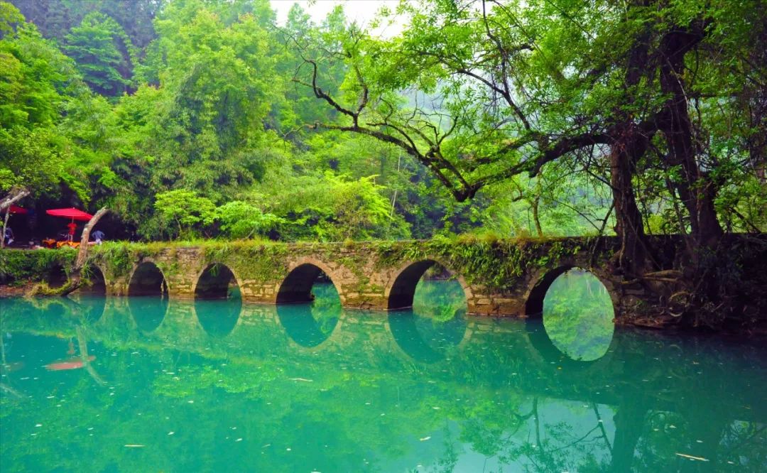 初见小七孔景区,蓝天碧水,湍流涌动,瀑布横飞,古树与河流相互映衬,一