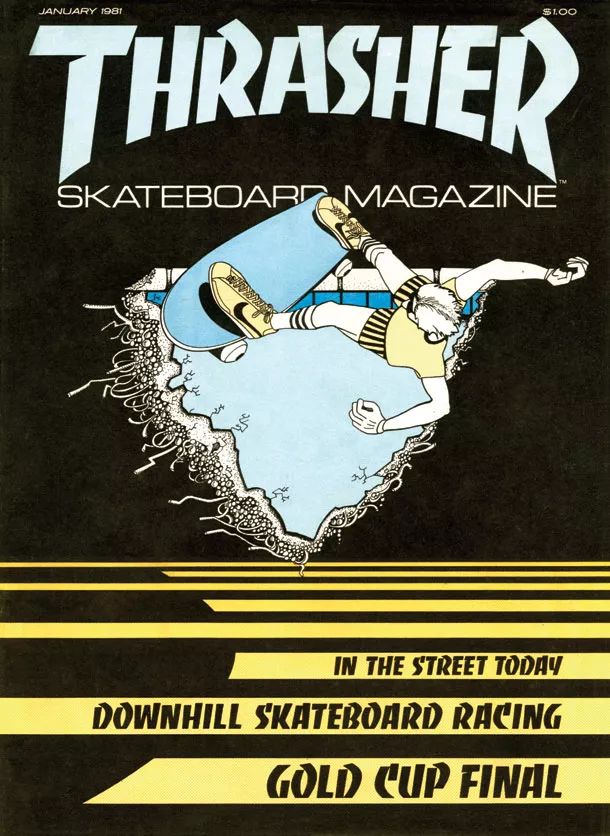 1981 年   月《thrasher》的第一期,封面艺术由 kevin thatcher 创作