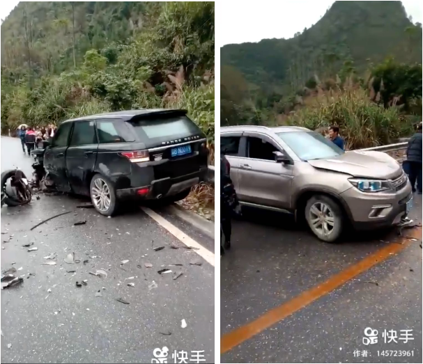 其中一个事故车辆为豪车路虎(参数|图片),在车祸后,路虎揽胜车头被撞