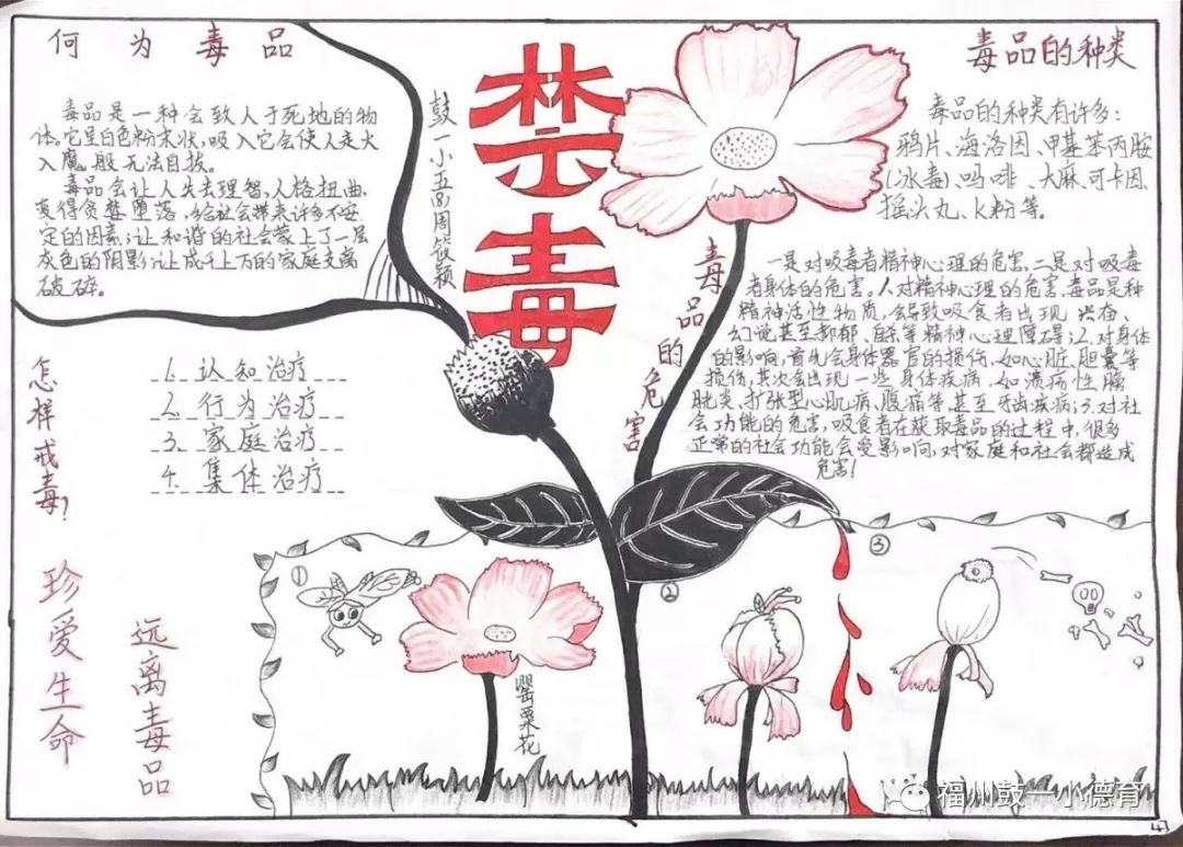 同学们通过自己绘制禁毒小报,绘画作品,黑板报和征文告诉大家毒品的