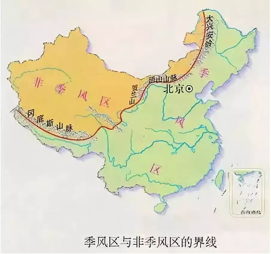 21, 季风与非季风区界线:兴安,阴山,贺兰山,巴颜冈底季风圈.