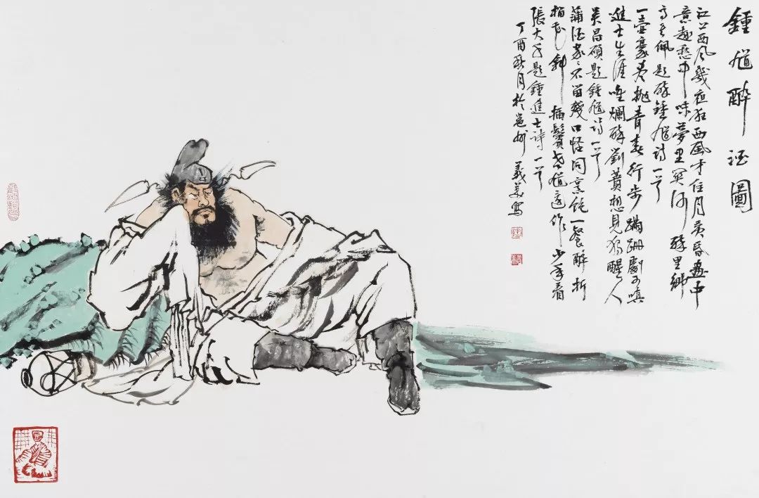 他的人物画以传统笔墨勾勒出广西少数民族的风情面貌,他以跳动的书法